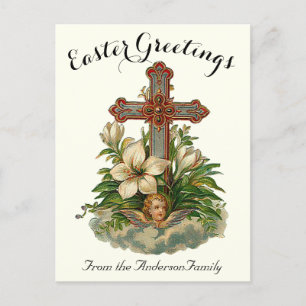Floral Cross and Cherub Vintage Easter Religious Postcard