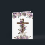 Floral Cross and Lamb Easter Card<br><div class="desc">This Easter card features a graphic of a cross adorned with purple flowers with a lamb laying at the base. There is a scripture verse on the inside left. There are pink and purple rosed along the top. The inside has a greeting reads "He is Risen" "Happy Resurrection Day. You...</div>