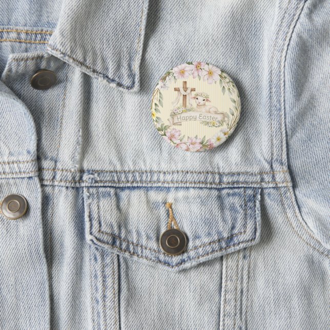Floral Cross and Lamb | Happy Easter Button (In Situ)