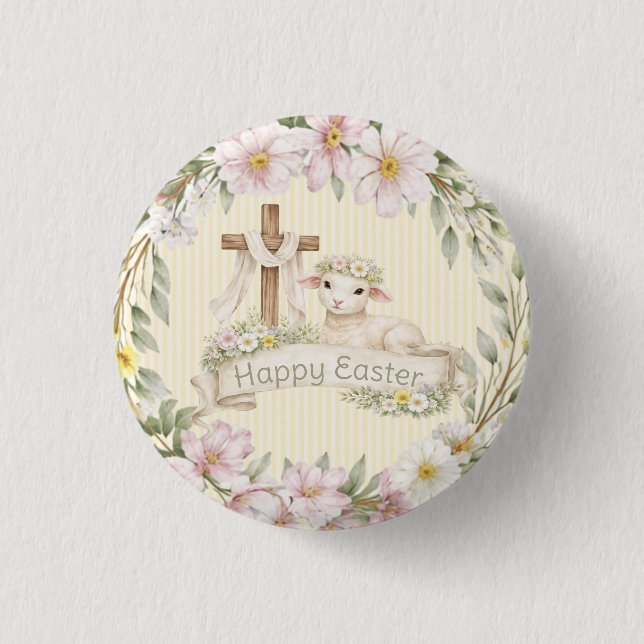 Floral Cross and Lamb | Happy Easter Button (Front)