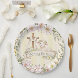 Floral Cross and Lamb   Happy Easter Paper Plates