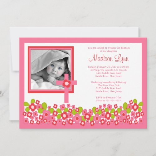 Floral Cross Baby Girl Photo Baptism Inviation Personalized Invite