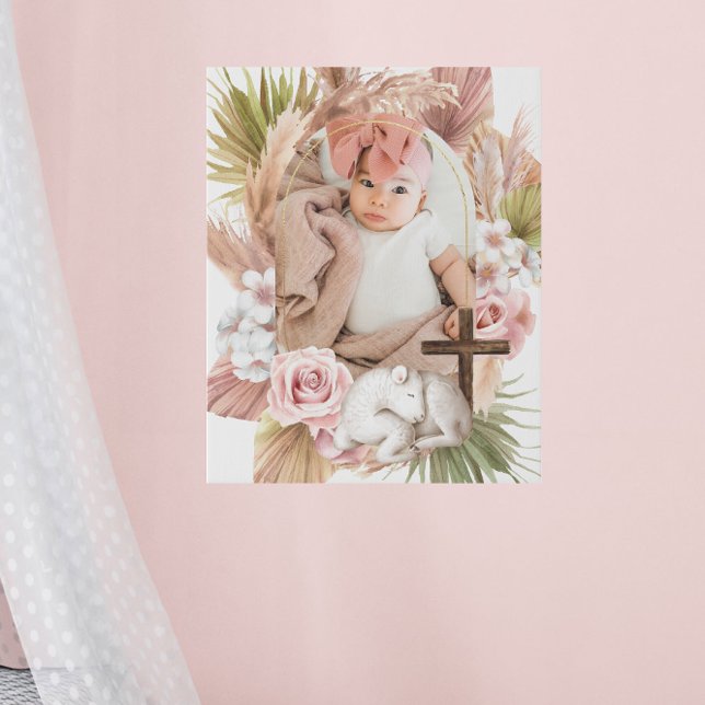 Floral Cross Baby Photo Baptism Gift Faux Canvas Print (Creator Uploaded)