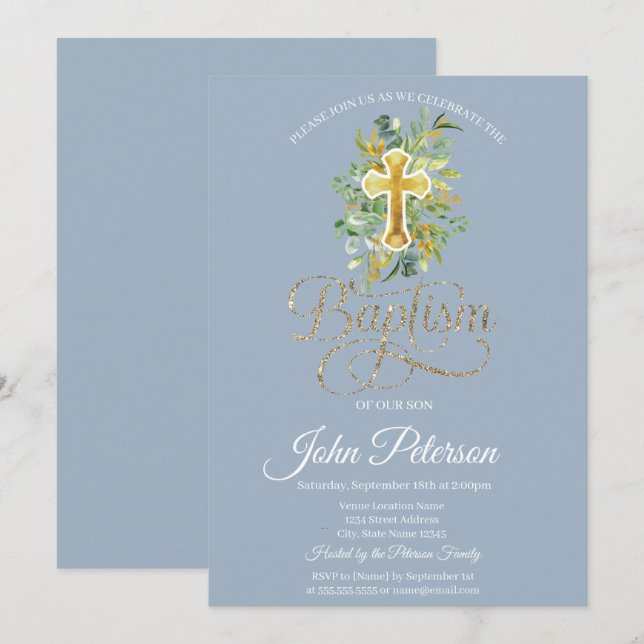 Floral Cross Baptism Dusty Blue Invitation (Front/Back)