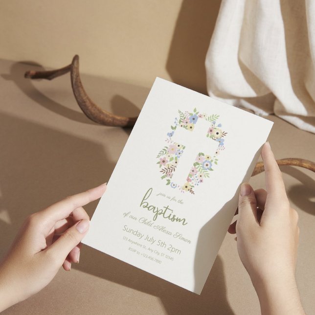Floral Cross Baptism Invitation – Soft Pastel (1)