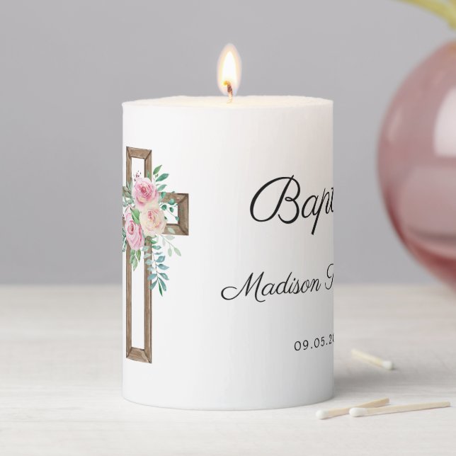 Floral Cross Baptism Pillar Candle (In Situ)
