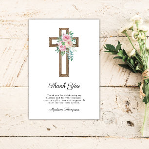 Floral Cross Baptism Thank You Card