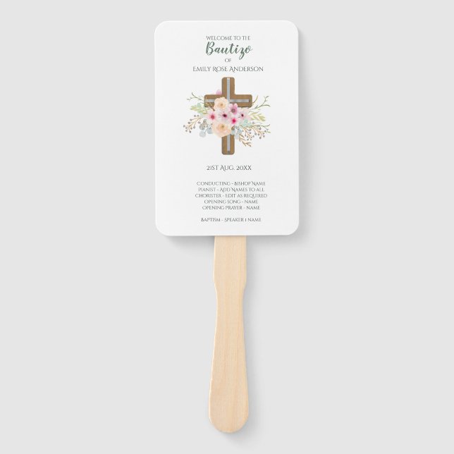 Floral Cross BAUTIZO Bautismo Baptism Program Hand Fan (Front)