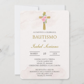 Floral cross beige Spanish baptism Invitation