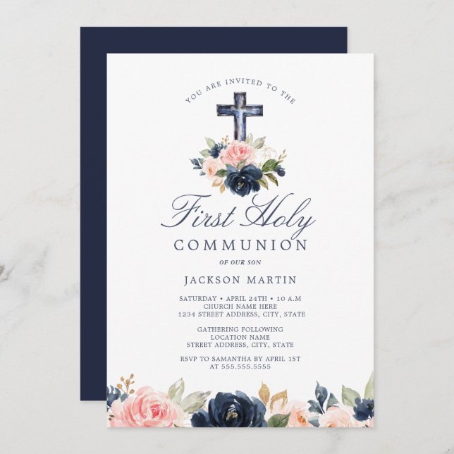 Floral Cross Boys First Communion Invitation (Front/Back)