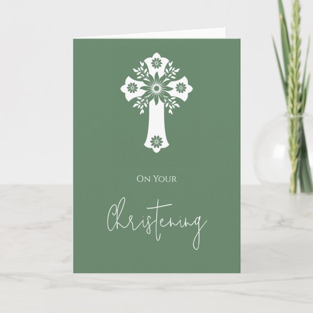Floral Cross Card Christening Fern Green (Front)