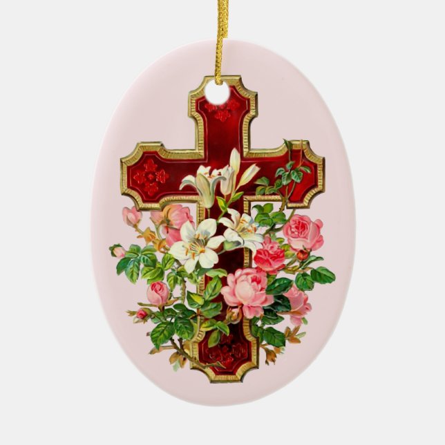Floral Cross Ceramic Ornament (Front)