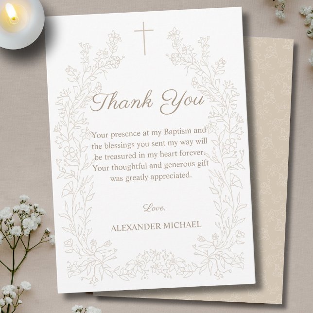 Floral Cross Christening Baptism Thank You Card (Creator Uploaded)