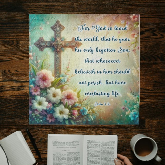 Floral Cross Christian Bible Verse Easter Jigsaw Puzzle (Creator Uploaded)