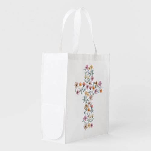 Floral Cross Christian Design Throw Pillow Grocery Bag