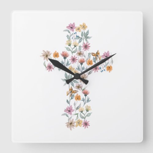 Floral Cross Christian Design Throw Pillow Square Wall Clock