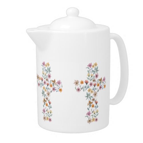 Floral Cross Christian Design Throw Pillow Teapot