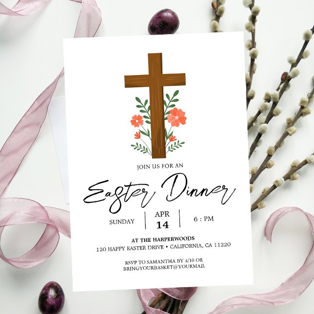 floral Cross Christian Spring Easter Dinner Invitation (Creator Uploaded)