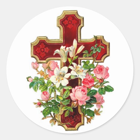 Floral Cross Classic Round Sticker
