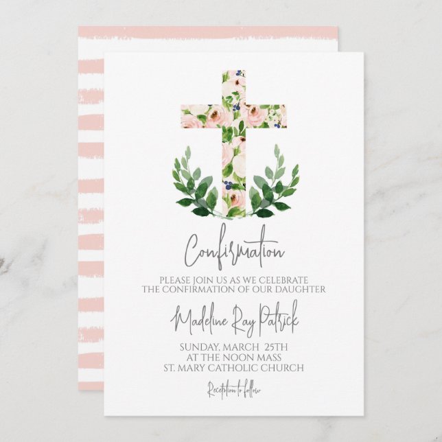Floral Cross Confirmation  Invitation (Front/Back)
