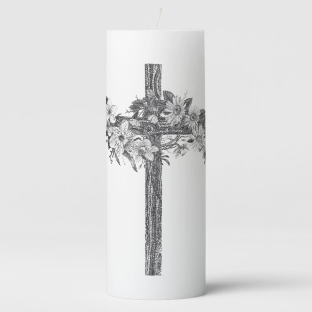 Floral Cross Drawing Pillar Candle, Unity Candle (Front)