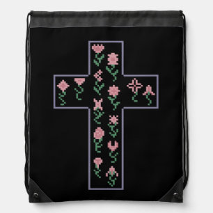 Floral Cross Drawstring Bag