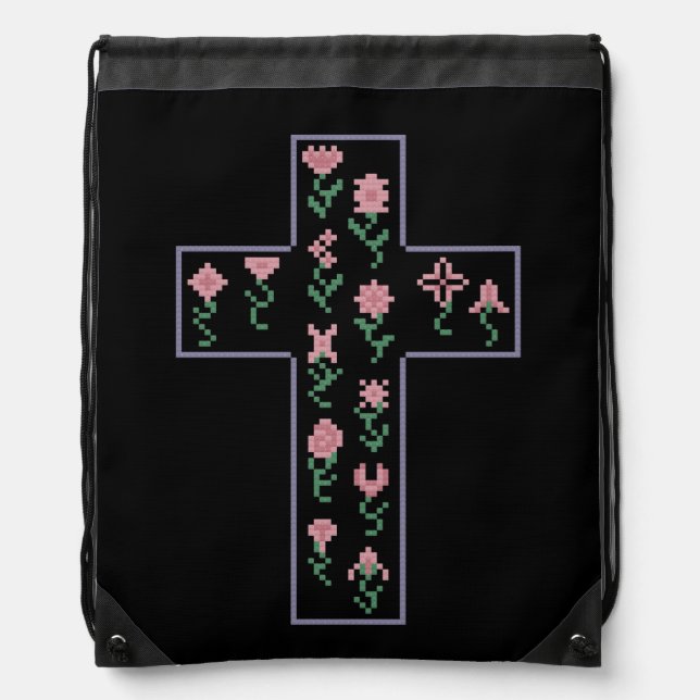 Floral Cross Drawstring Bag (Front)