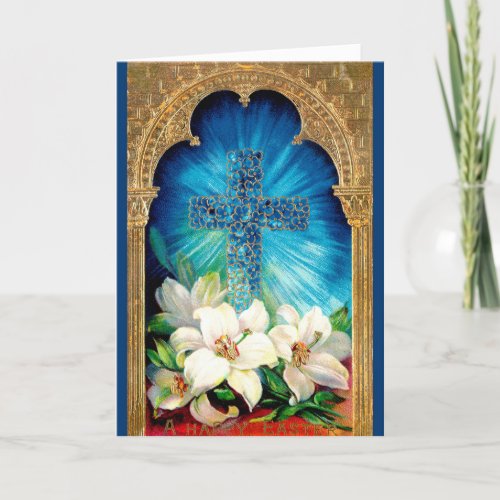 Floral Cross Easter Card Blue  Gold