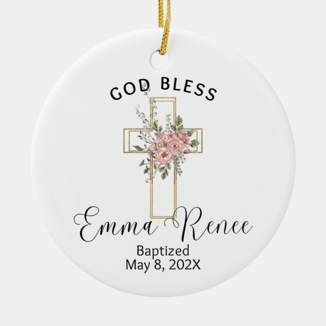 Floral Cross Elegant Personalized Baptism Girl Ceramic Ornament (Front)