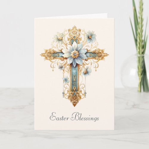 Floral Cross Elegant Religious Easter Blessings Holiday Card