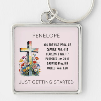 Floral Cross Faith & Wisdom Metal Keychain