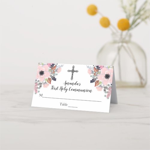 Floral Cross First Communion Custom Place Card
