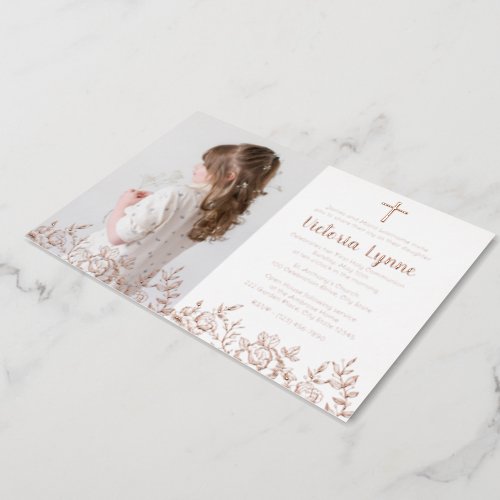 Floral Cross First Communion with Photo Foil Holiday Card
