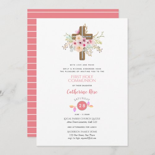 Floral Cross First Holy Communion Invitation Girl
