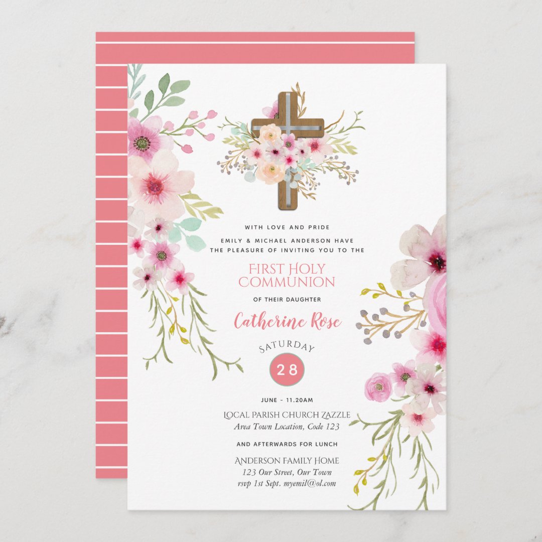 Floral Cross First Holy Communion Invitation Girl | Zazzle