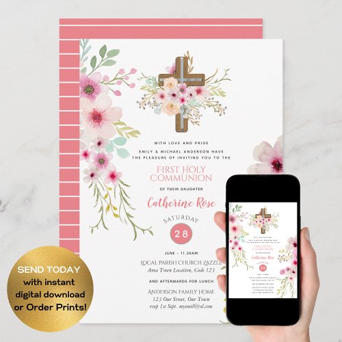Floral Cross First Holy Communion Invitation Girl
