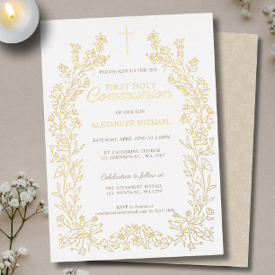 Floral Cross First Holy Communion Religious Foil Invitation