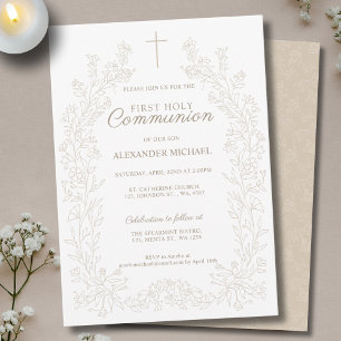 Floral Cross First Holy Communion Religious Invitation