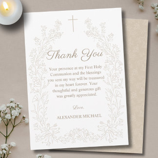 Floral Cross First Holy Communion  Thank You Card