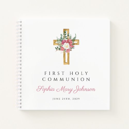 Floral Cross Girl First Communion Guestbook Notebook