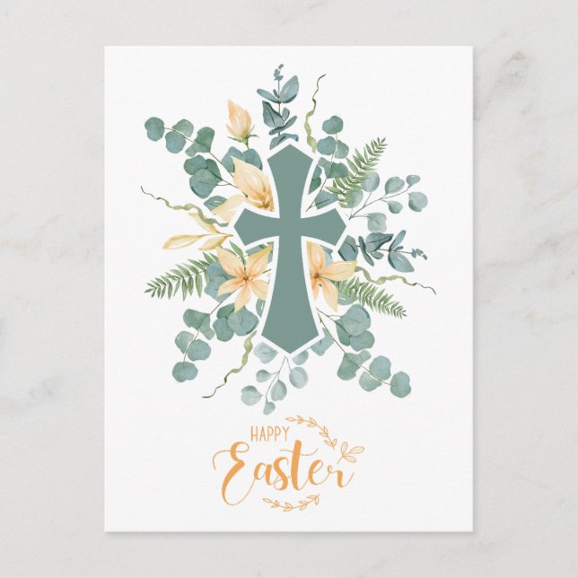Floral Cross Happy Easter Personalized  Holiday Postcard (Front)