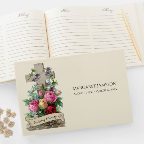 Floral Cross In Loving Memory Funeral  Guest Book
