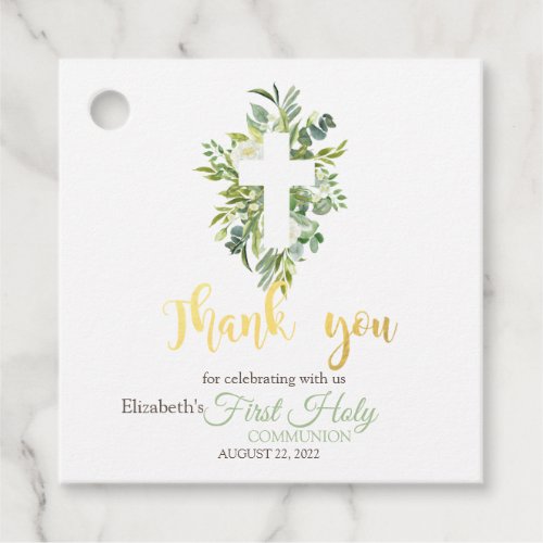 Floral Cross Leaves First Holy Communion   Favor Tags