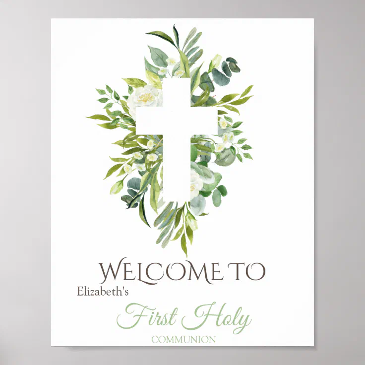 Floral Cross Leaves First Holy Communion Poster | Zazzle