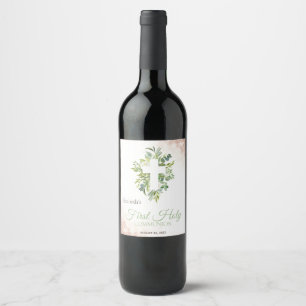 Floral Cross Leaves First Holy Communion Wine Label
