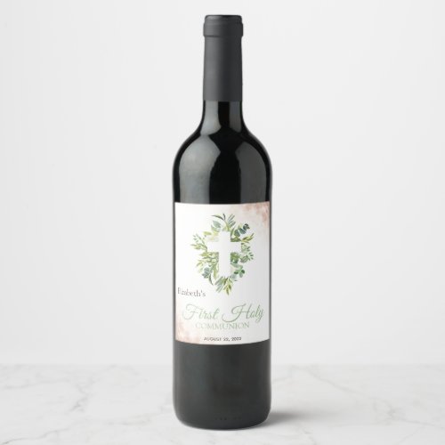  Floral Cross Leaves First Holy Communion   Wine Label
