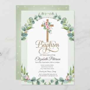 Floral Cross Leaves Polka Dots Invitation
