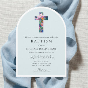 Floral Cross Modern Catholic Custom Photo Baptism Invitation