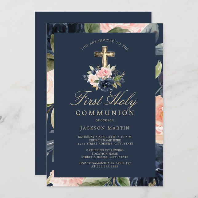 Floral Cross Navy Boys First Communion Invitation (Front/Back)