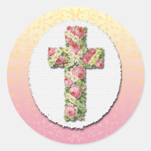 Floral Cross of Pink Roses and Daisies Sticker (Front)